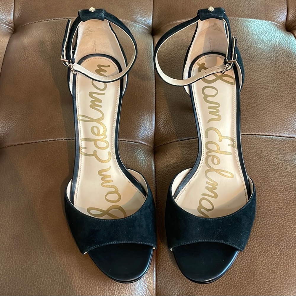 Sam Edelman Black Suede Ankle Strap Open Toe Heel. Women Size 9.
